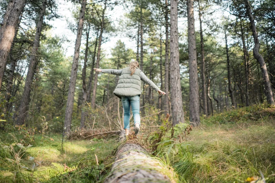 Little girl balancing on a tree trunk in the forest
